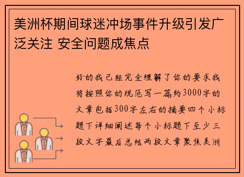 美洲杯期间球迷冲场事件升级引发广泛关注 安全问题成焦点