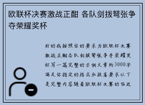 欧联杯决赛激战正酣 各队剑拔弩张争夺荣耀奖杯
